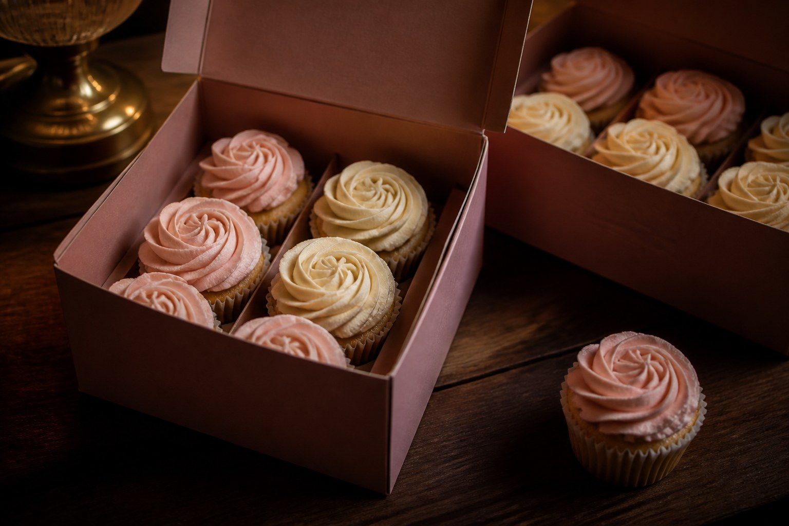 Iced cupcakes in dusty-rose bakery boxes