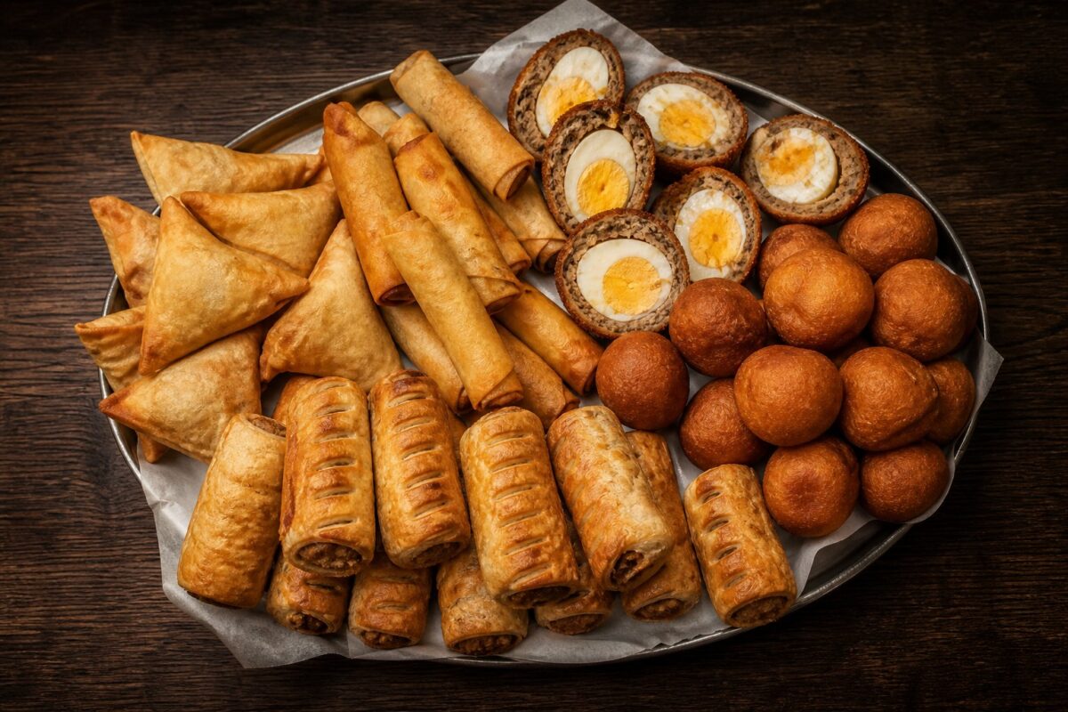 Mixed pastry platter on a wood table