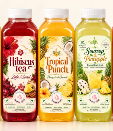 Five DaGashi bottled drinks: lemon ginger mint, hibiscus tea, tropical punch, soursop and pineapple, and Chapman