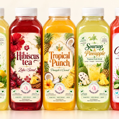Five DaGashi bottled drinks: lemon ginger mint, hibiscus tea, tropical punch, soursop and pineapple, and Chapman